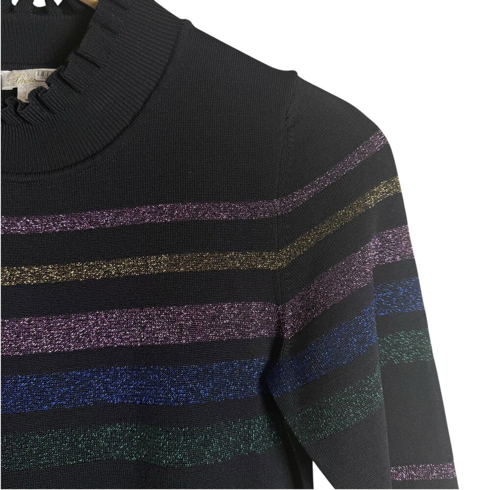 Shoshanna Evette Black Striped Knit Long Sleeve Ruffle Mock Neck Sweater Dress S - Picture 9 of 14